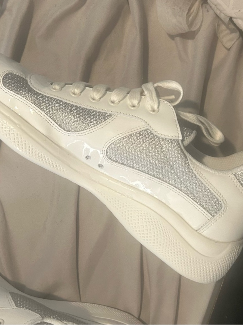 Prada White Slip-On Sneaker with Silver Mesh and Red Logo - Picture 9 of 14